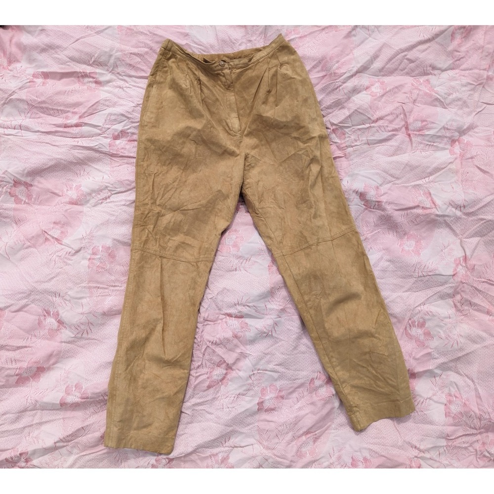 Vintage 80s Tan Suede Pants Sz 6 Pleated High Rise Leather Trousers Straight Leg
